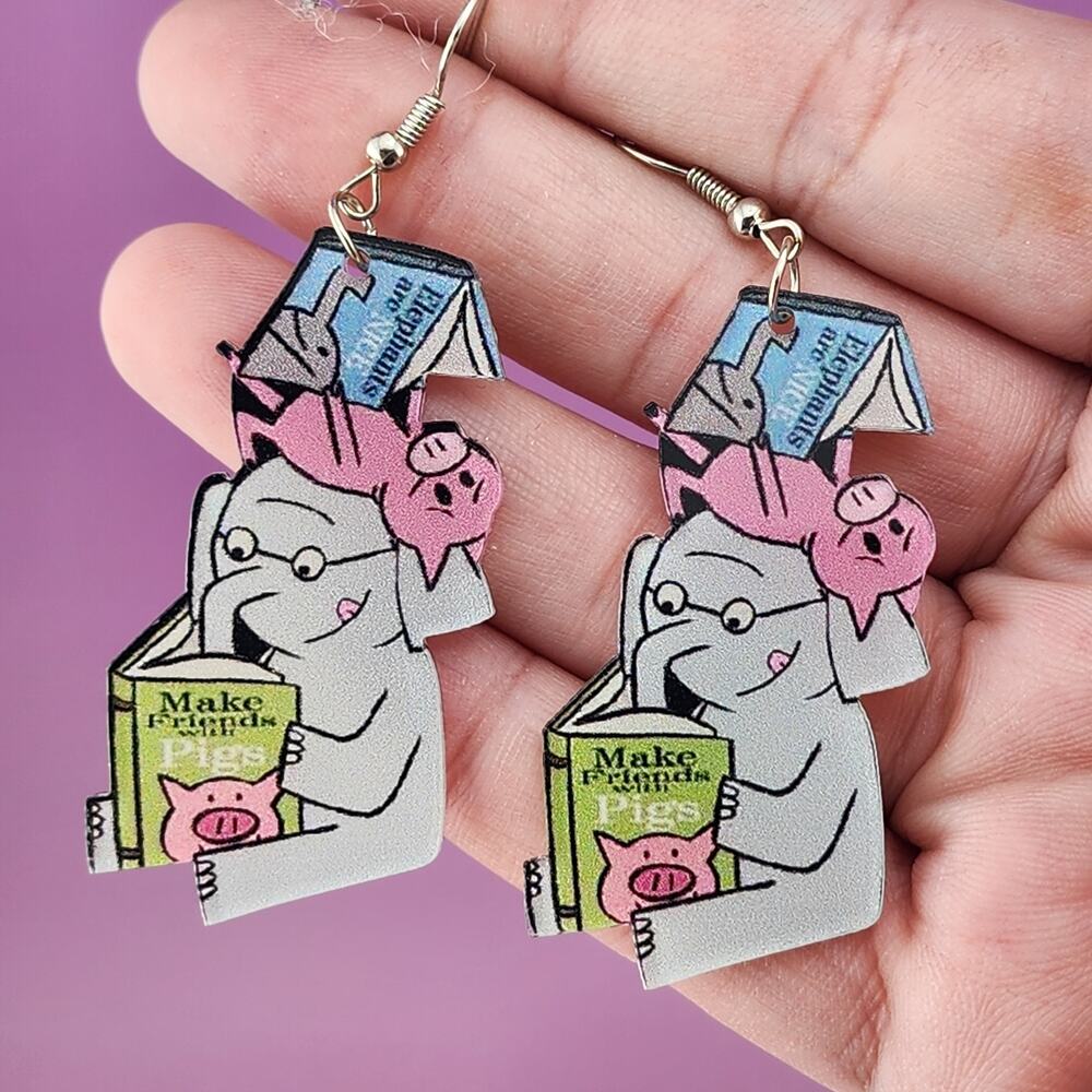 Elephant and Piggie Book Character Dangle Earrings Reader Teacher Novelty